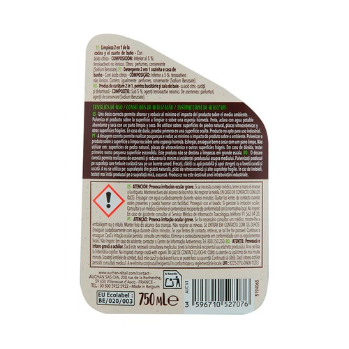 PRODUCTO ALCAMPO Limpiador 2 en 2 cocina y baño medio ambiente 750 ml.