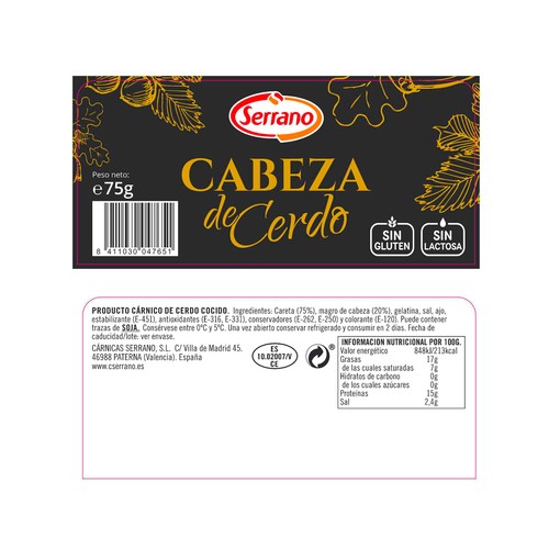 SERRANO Cabeza de cerdo sin gluten y sin lactosa, cortado en lonchas 75 g.