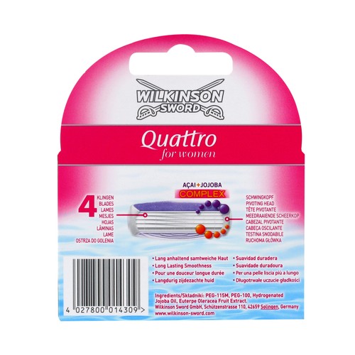 WILKINSON Recambio de cuchillas de afeitar para maquinillas WILKINSON Quattro for woman blades 4 uds