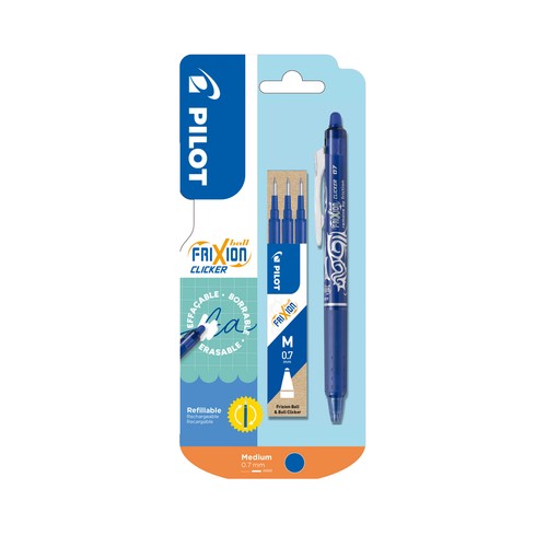 Set bolígrafo borrable con 3 recambios de tinta color azul Frixion Clicker. PILOT