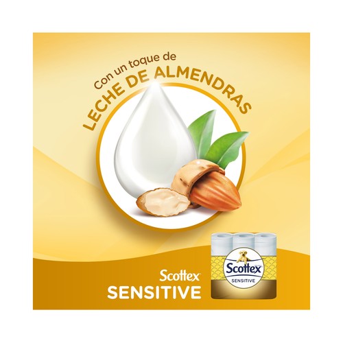 SCOTTEX Sensitive  Papel higiénico de triple capa con un toque de leche de almendras 6 rollos.
