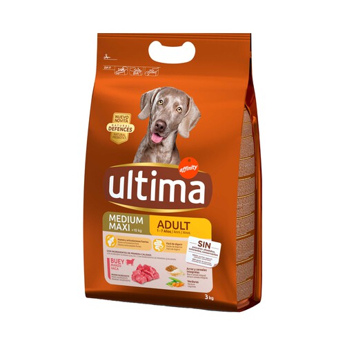 ULTIMA Pienso para perros adultos entre 1 y 7 años a base de buey, arroz y cereales integrales ULTIMA 3 kg.