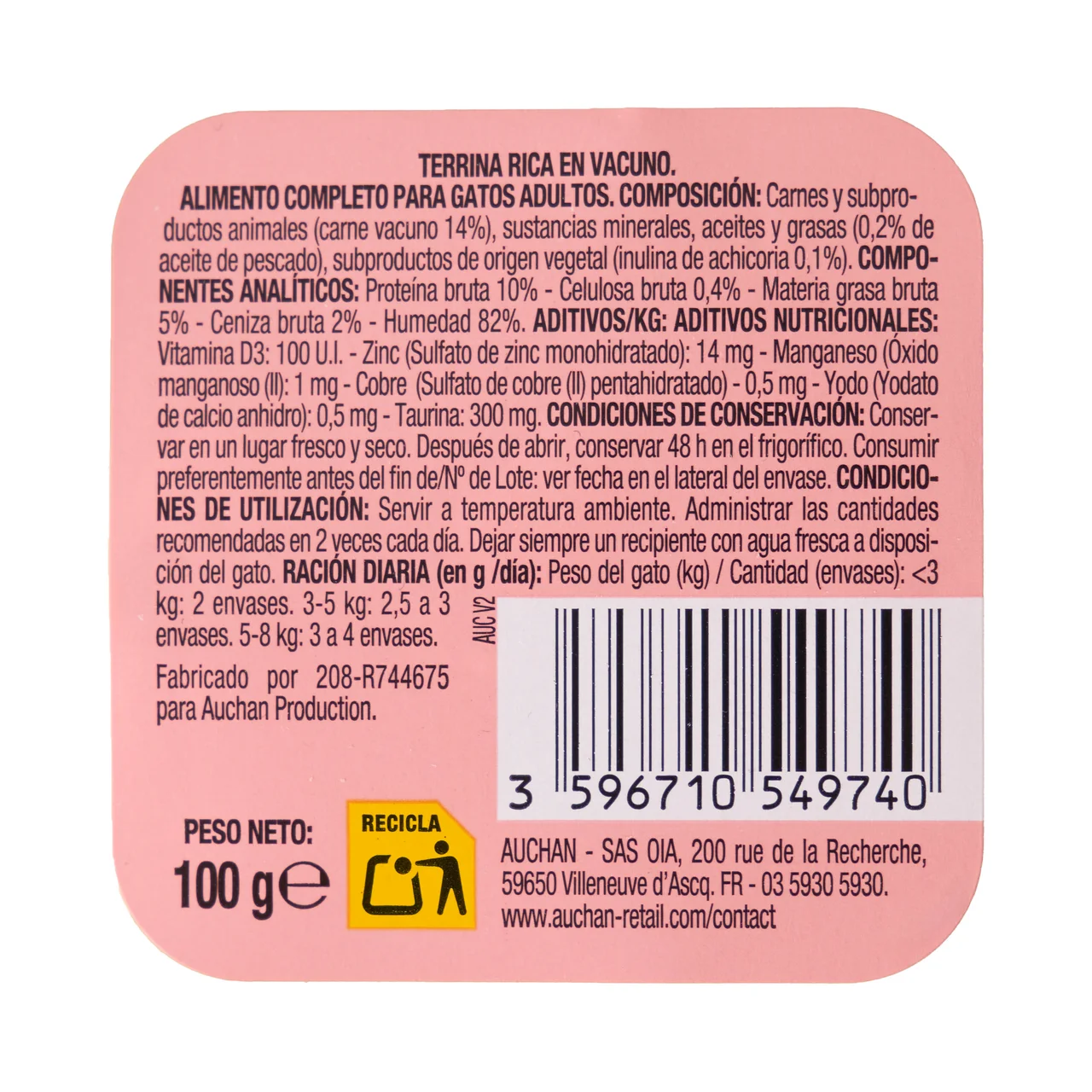 PRODUCTO ALCAMPO Alimento completo gatos adultos, rico en vacuno 100 g.