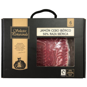 SELECTOS PEÑARANDA Maletín con 6 sobres de 150 g. de jamón de cebo ibérico (50% raza ibérica), cortado en lonchas con separador SELECTOS PEÑARANDA 900 G.
