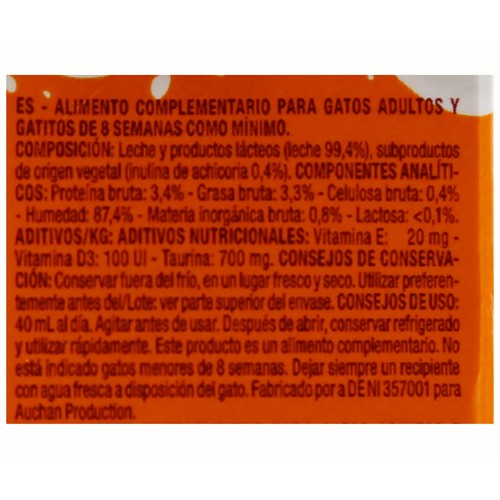 PRODUCTO ALCAMPO Leche para gatos junior y adultos brick 200 ml.
