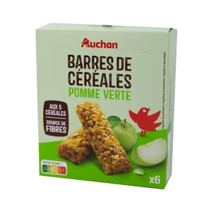 PRODUCTO ALCAMPO Cereales en barrita con trozos de manzana verde pack de 6 uds. de 21 gr.