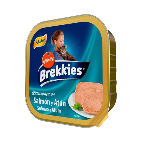 BREKKIES Comida para gatos húmeda a base de salmón y atún BREKKIES tarrina 100 g.