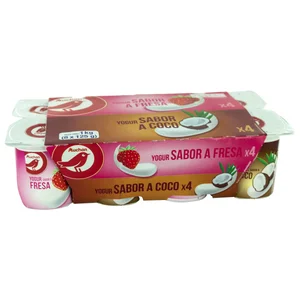 AUCHAN Yogures de sabores variados (4 de fresa y 4 de coco) 8 x 125 g. Producto Alcampo