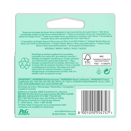 VENUS Recambio con 3 hojas para máquinillas de depliación femenina VENUS Smooth sensitive 4 uds.