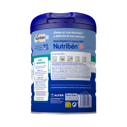 NUTRIBÉN Leche (1) de inicio anti-regurgitación, para lactantes a partir del primer día NUTRIBÉN A.R. 800 g.