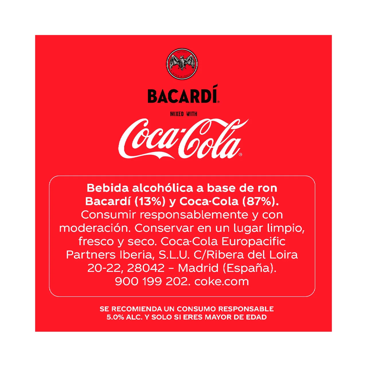 COCA COLA Combinado de ron blanco Bacardi con refresco de cola lata 250 ml.