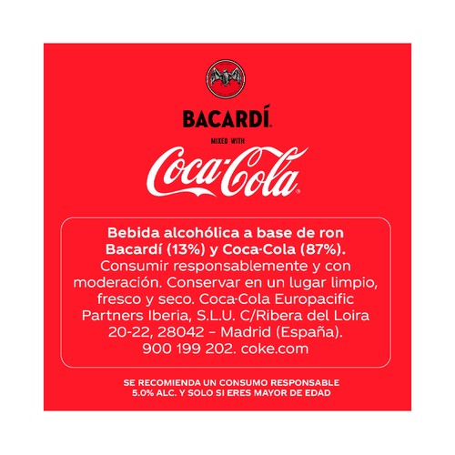 COCA COLA Combinado de ron blanco Bacardi con refresco de cola lata 250 ml.