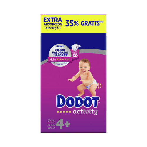 DODOT Pañales talla 4+ para niños de 10 a 15 kilogramos DODOT Activity 104 uds.