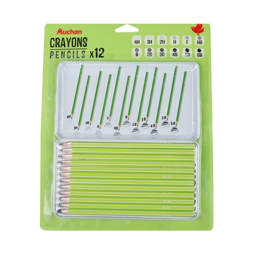 Caja de metal con 12 lápices de grafito, de 4H a 6B, ALCAMPO