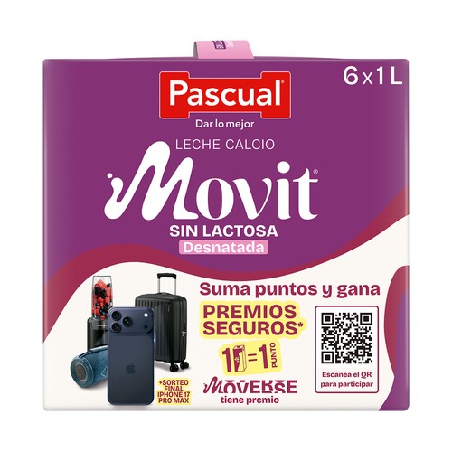 PASCUAL Movit Leche con calcio; desnatada y sin lactosa Caja 6X1 L