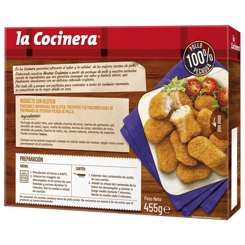 LA COCINERA Nuggets de pollo (pechuga de pollo rebozada) elaborados sin gluten LA COCINERA Recetas crujientes 455 g.