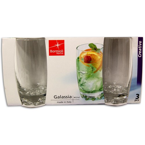 3 vasos altos con capacidad de 41 centilitros, fabricados en vidrio transparente, Galassia BORMIOLI.