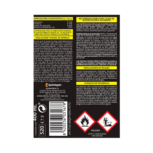 ZUM Fly Insecticida especial antiavispas 400 mililitros