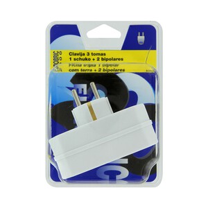 Imagen de Ladrón de 3 tomas, de color blanco, 2 de ellas bipolares y una del tipo Schuco EUROBRIC 2000.