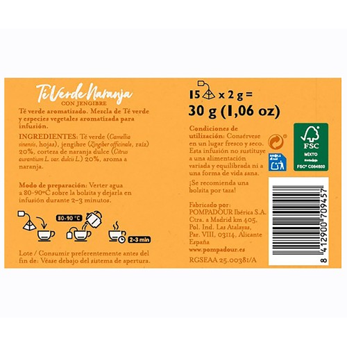 POMPADOUR Té verde de naranja con jengibre piramidal 15 uds. 30 g.