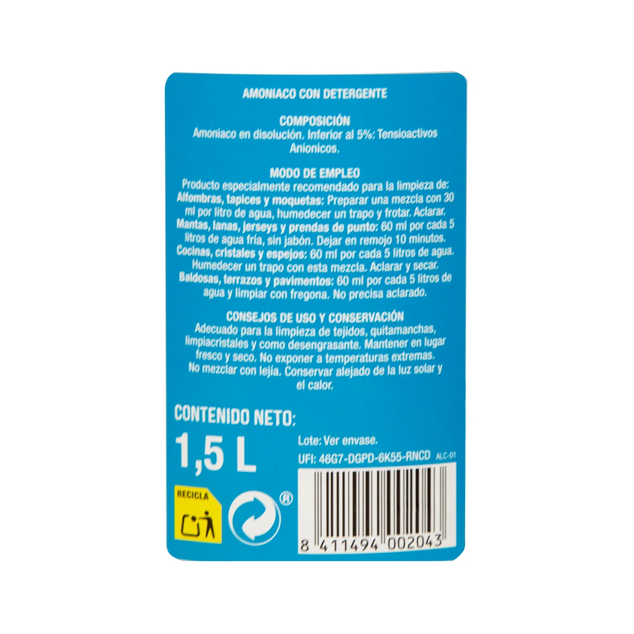 PRODUCTO ALCAMPO Amoniaco con detergente 1,5 l.