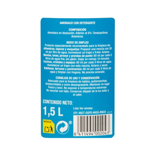 PRODUCTO ALCAMPO Amoniaco con detergente 1,5 l.