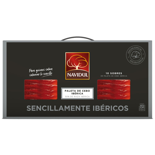 NAVIDUL Maletín con 10 sobres de 70 g. de paleta de cebo ibérica (50% raza ibérica), cortada en lonchas NAVIDUL.