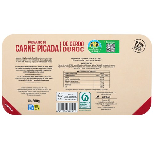 ALCAMPO CULTIVAMOS LO BUENO Preparado de carne picada de cerdo Duroc 300 g.