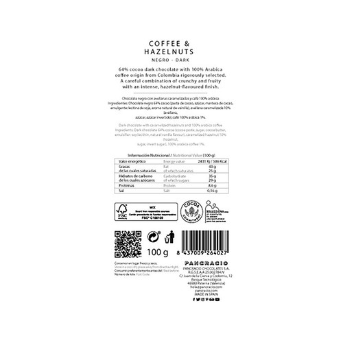 PANCRACIO Chocolate negro con café y avellanas 100 g.