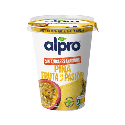 ALPRO Especialidad de soja, con fermentos del yogurt y trocitos de piña y fruta de la pasión 500 g.