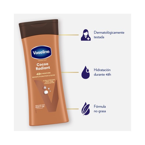 VASELINE Cocoa radiant Loción corporal hidratante, con manteca de cacao, para pieles secas 400 ml.