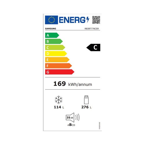 Frigorífico combi SAMSUNG RB38T776CS9/EF NO FROST, clasificación energética: C, H: 203cm, A: 65,8cm, F: 63cm, capacidad total: 385L.