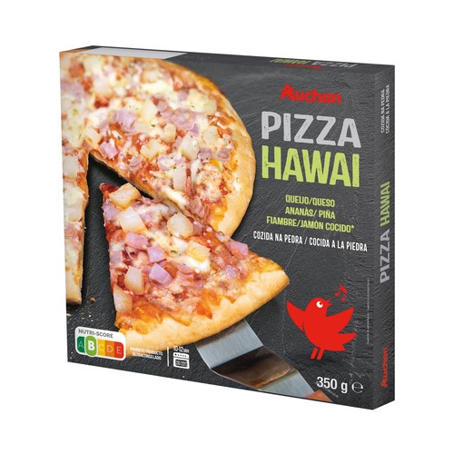 AUCHAN Pizza congelada Hawai (queso, piña y jamón cocido), cocida a la piedra 350 g. Producto Alcampo