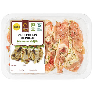 Imagen de Bandeja con chuletillas de pollo, marinadas con ajo y perejil UVESA 400 g.
