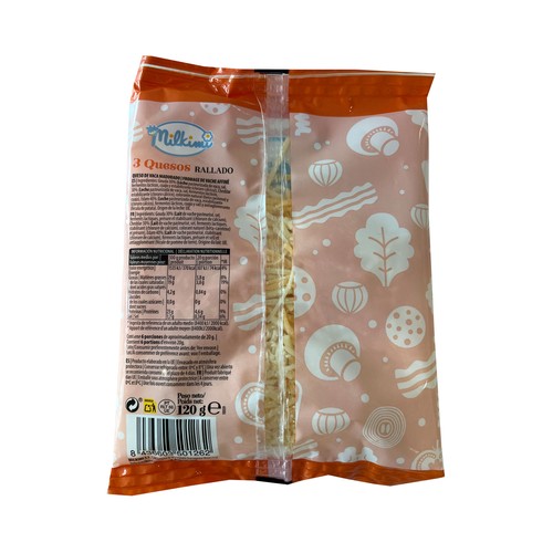 MILKIMI Queso rallado 3 quesos (gouda, cheddar y edam) 120 g.