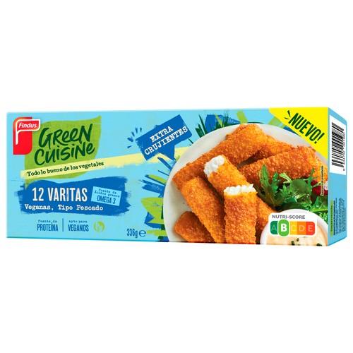 FINDUS Varitas veganas (tipo pescado) extra crujientes, a base de copos de arroz Green cuisine 336 g.