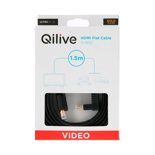 Cable HDMI QILIVE macho a macho de 1,5m, 1 terminal en codo de 90º, terminales dorados.