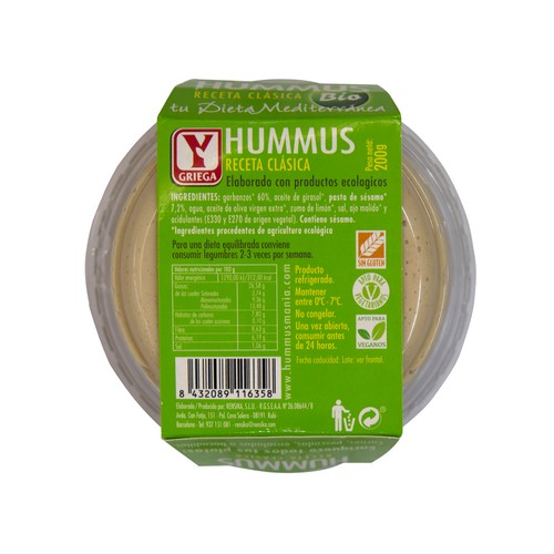 Y GRIEGA Hummus receta clásica, elaborado con productos ecológicos Y GRIEGA 200 g.