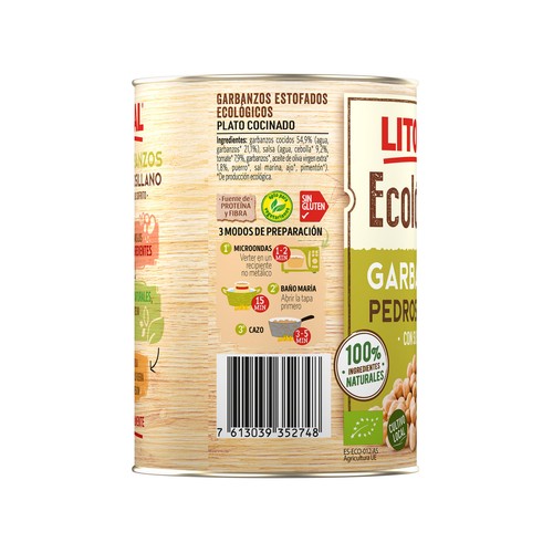 LITORAL ECOLÓGICO Garbanzos con sofrito, variedad Pedrosillano, ecológicos 425 g.