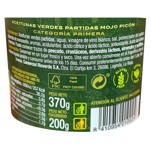 Aceitunas verdes partidas con mojo picón RIOVERDE 370 g.