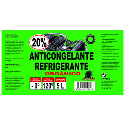 Líquido refrigerante con temperatura de protección de hasta -9ºC, 5L verde orgánico, 20% Monoetilenglicol, UNYCOX.