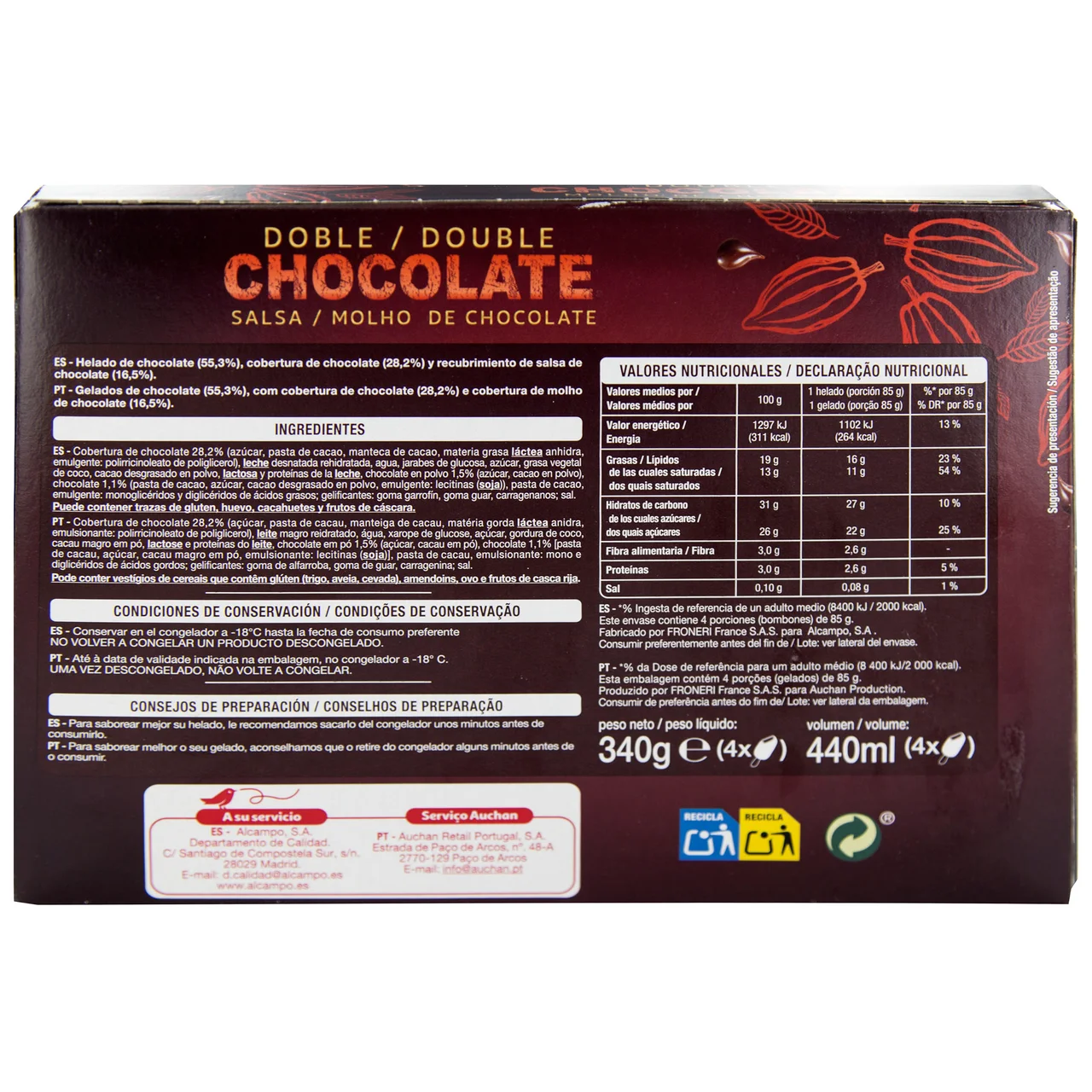 AUCHAN Bombon helado de chocolate con salsa de chocolate, recubierto de chocolate doble 4 x 100 ml. Producto Alcampo