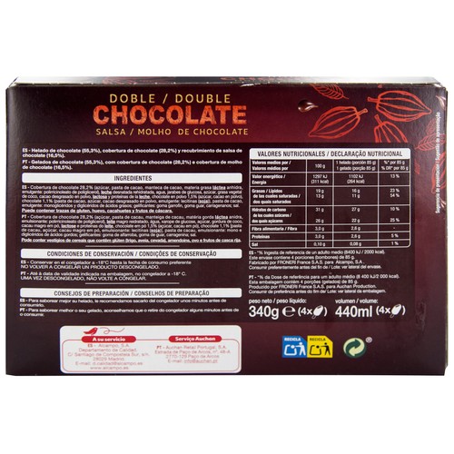 AUCHAN Bombon helado de chocolate con salsa de chocolate, recubierto de chocolate doble 4 x 100 ml. Producto Alcampo