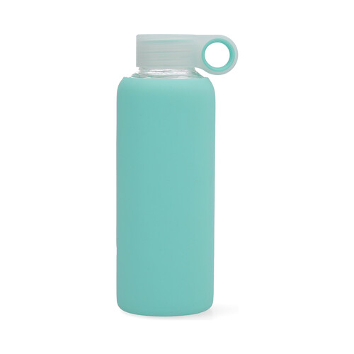 Botella de vidrio con cubierta de silicona color azul turquesa mint y tapón de rosca, 0,5 litros QUID.