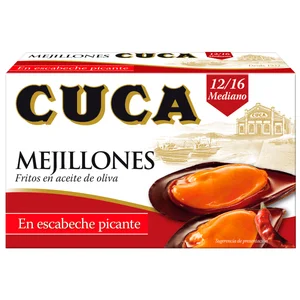 CUCA Mejillones medianos (12/16) fritos en aceite de oliva, en escabeche picante 69 g.