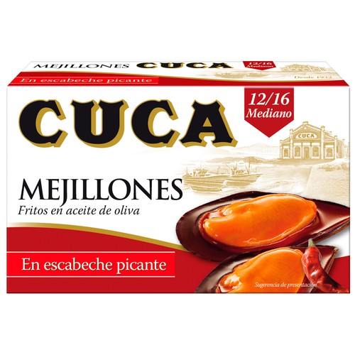 CUCA Mejillones medianos (12/16) fritos en aceite de oliva, en escabeche picante 69 g.