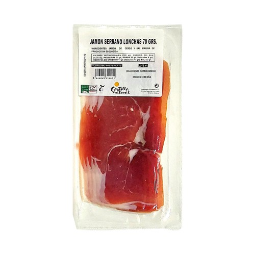 RAZA Y SABOR Castilla natural Jamón serrano ecológico cortado en lonchas 70 g.