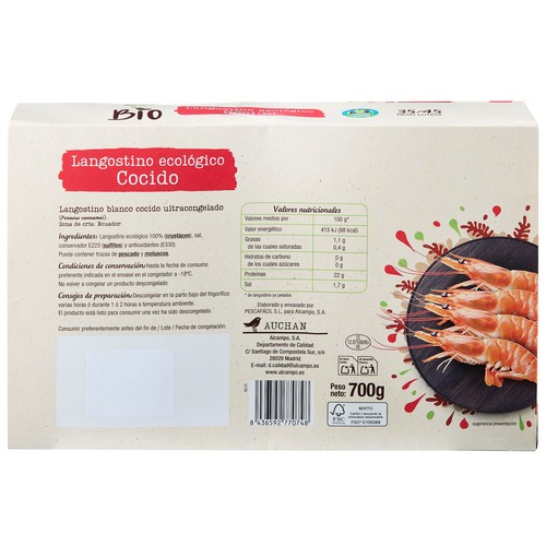 ALCAMPO CULTIVAMOS LO BUENO ECOLÓGICO  Langostino blanco 35 / 45 cocido, ecológico y ultracongelado  (P.N. 700g)