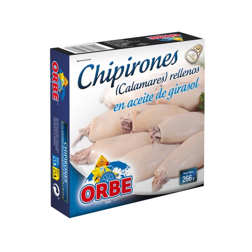 ORBE Chipirones (calamares) rellenos en aceite vegetal lata de 168 g.
