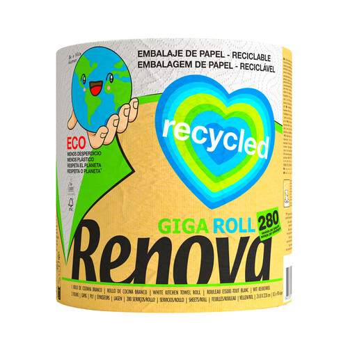 Papel de cocina gigante 100 % reciclado, 21,6 x 23 cm RENOVA 1 ud.
